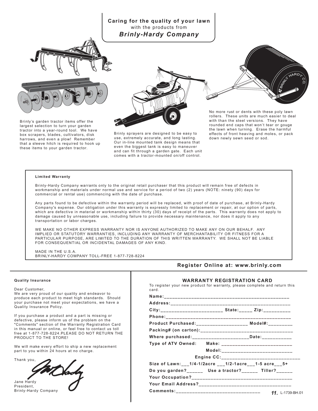 Brinly-Hardy PCT-10LX ATV BH owner manual Brinly-Hardy Company 