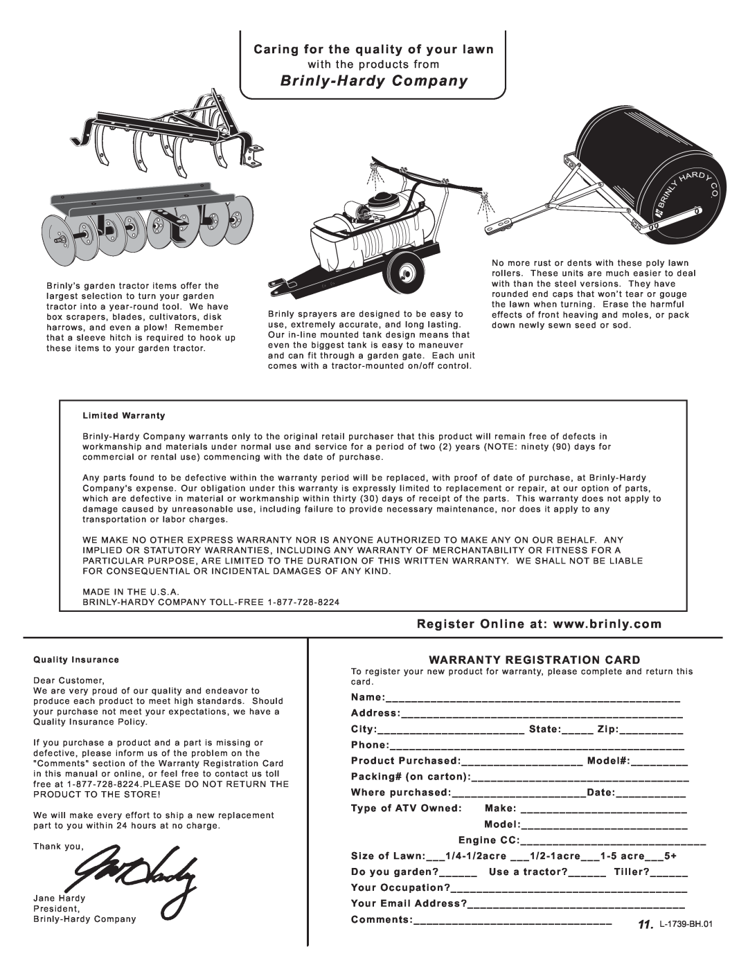 Brinly-Hardy PCT-10LX ATV BH Caring for the quality of your lawn, Brinly-Hardy Company, Warranty Registration Card 