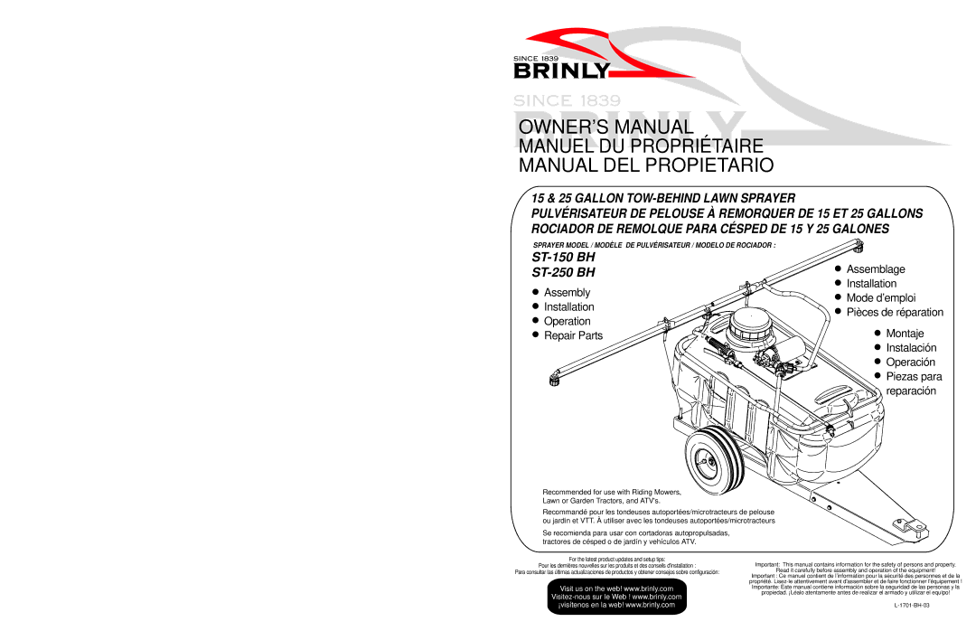 Brinly-Hardy ST-150 BH, ST-250 BH owner manual Manuel DU Propriétaire Manual DEL Propietario 