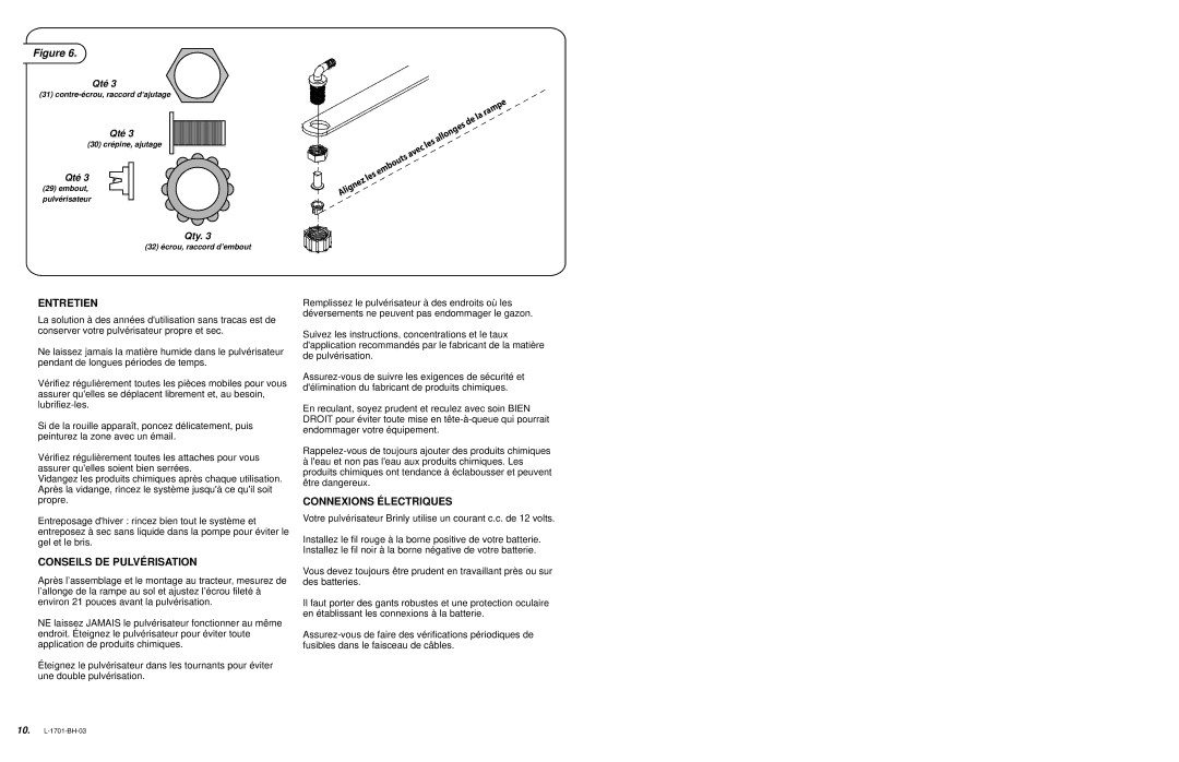 Brinly-Hardy ST-150 BH, ST-250 BH owner manual Entretien, Conseils DE Pulvérisation, Connexions Électriques 