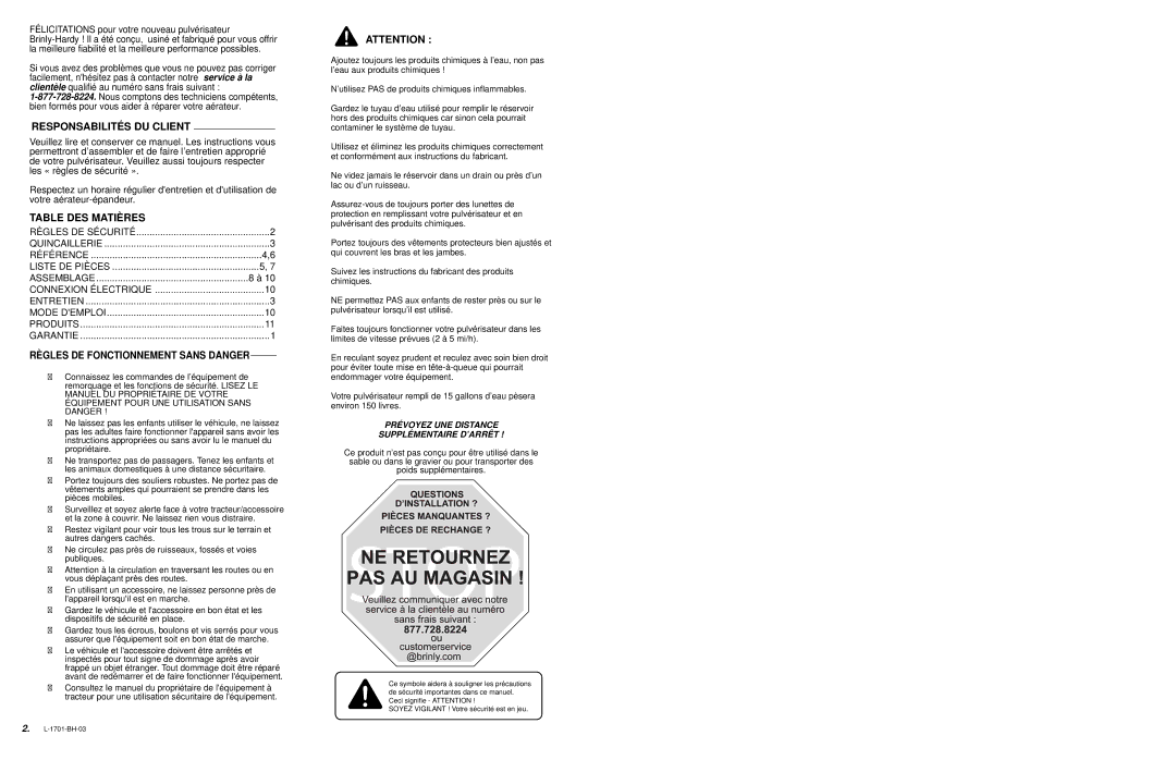 Brinly-Hardy 15 & 25 GALLON TOW-BEHIND LAWN SPRAYER, ST-250 BH, ST-150 BH Responsabilités DU Client, Table DES Matières 