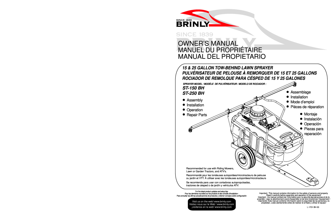 Brinly-Hardy ST-150 BH owner manual 15 & 25 GALLON TOW-BEHIND LAWN SPRAYER, ST-250 BH, Assemblage, Assembly, Installation 