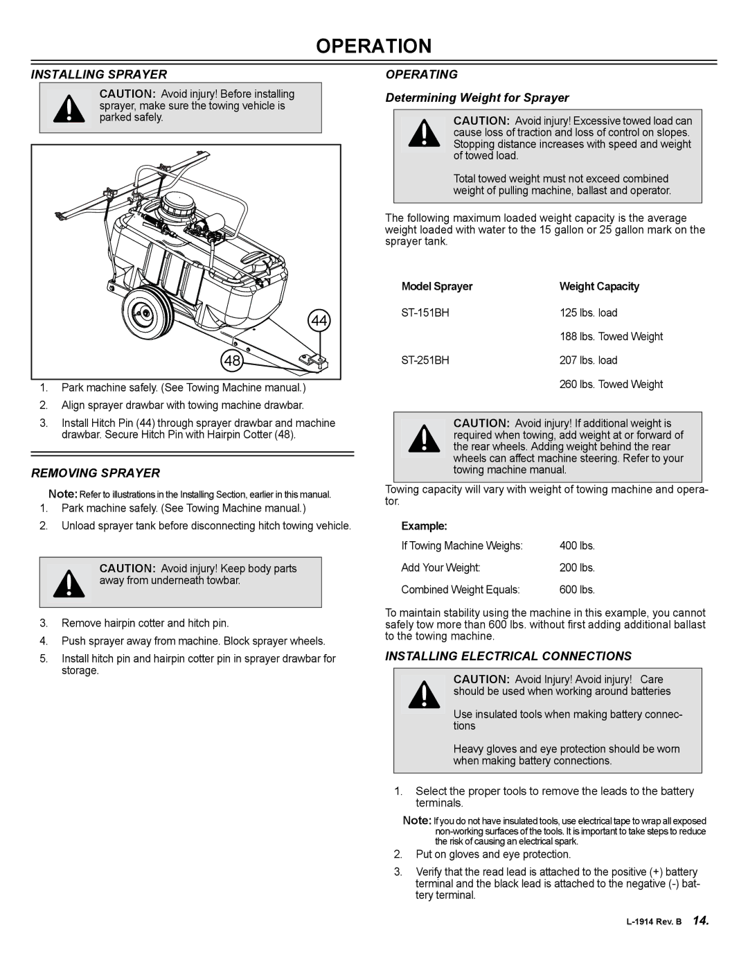 Brinly-Hardy ST-151BH Operation, Installing Sprayer, Removing Sprayer, Operating, Installing Electrical Connections 