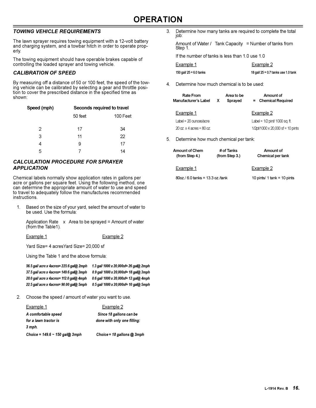 Brinly-Hardy ST-151BH Towing Vehicle Requirements, Calibration of Speed, Calculation Procedure for Sprayer Application 