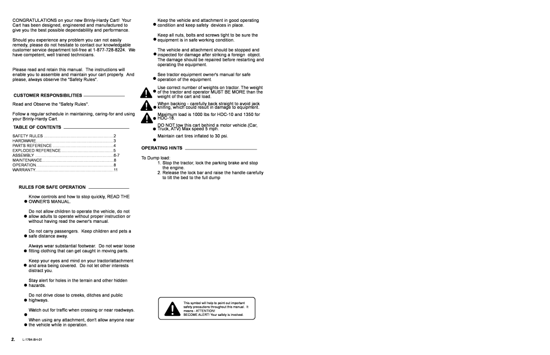 Brinly-Hardy 18 BH, Tow Cart, hdc-10 owner manual Customer Responsibilities, Table Of Contents, Rules For Safe Operation 