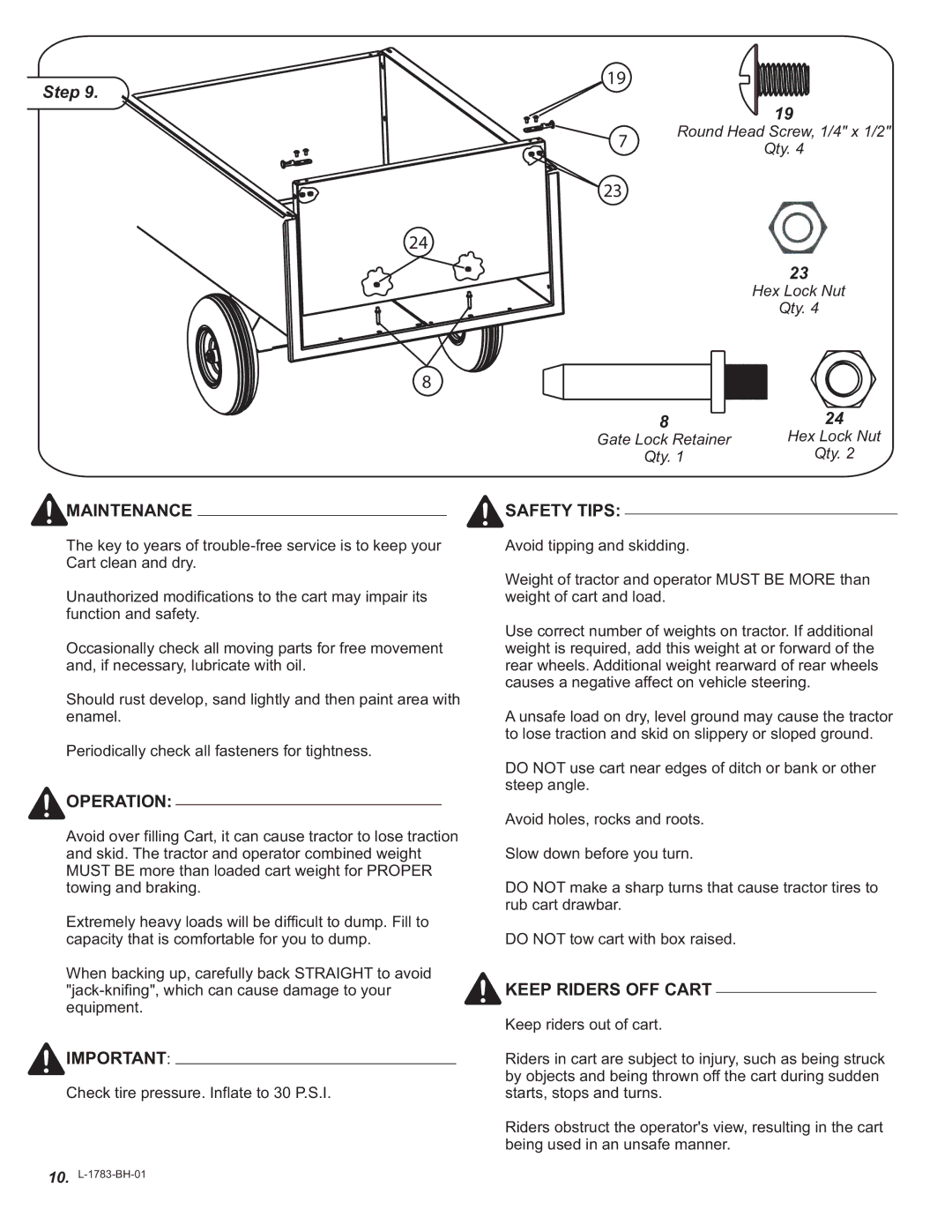 Brinly-Hardy HDC-10L BH, Tow Cart, HDC-16L BH owner manual Maintenance 