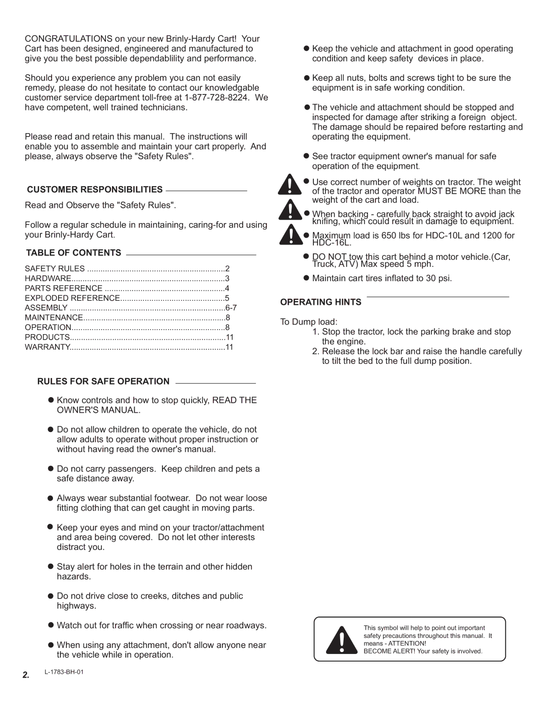 Brinly-Hardy HDC-16L BH, Tow Cart, HDC-10L BH owner manual Customer Responsibilities 