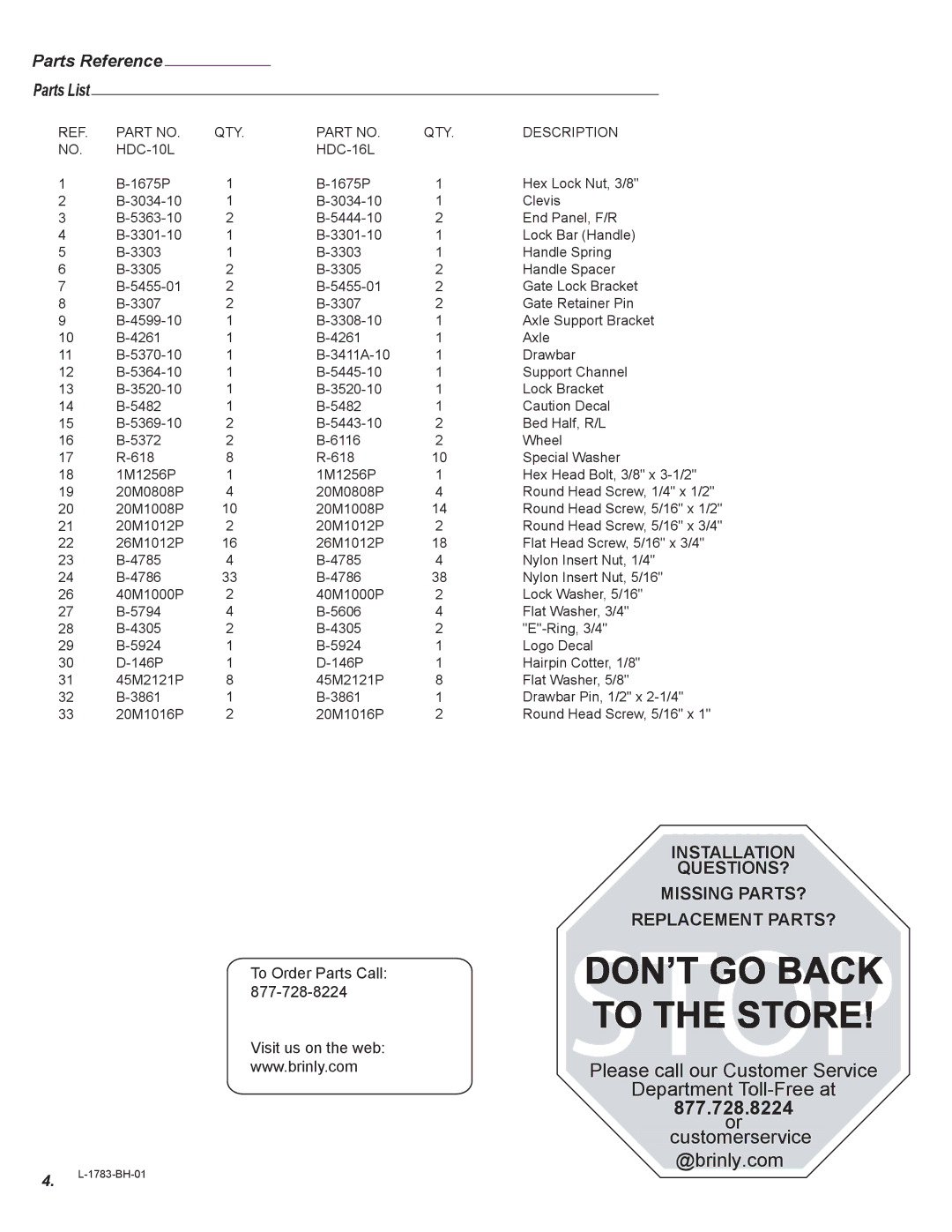 Brinly-Hardy HDC-10L BH, Tow Cart, HDC-16L BH owner manual 877.728.8224 