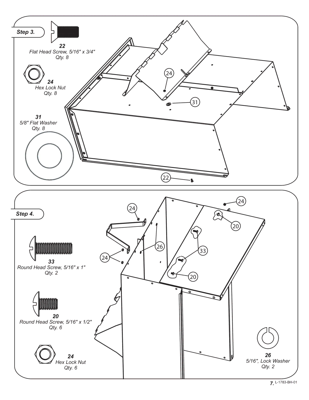 Brinly-Hardy HDC-10L BH, Tow Cart, HDC-16L BH owner manual Flat Head Screw, 5/16 x 3/4 Qty Hex Lock Nut Flat Washer 