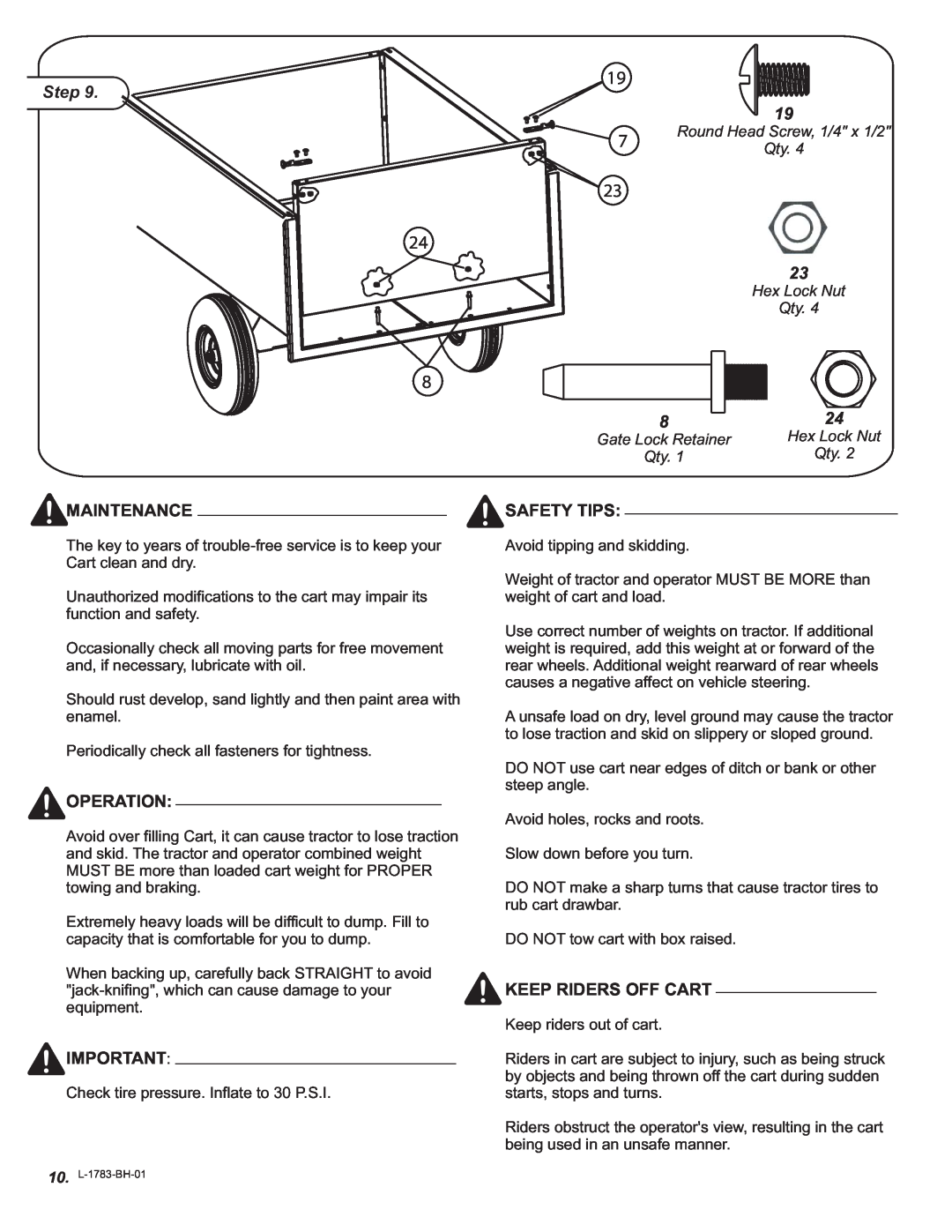 Brinly-Hardy HDC-10L BH, Tow Cart, HDC-16L BH owner manual Maintenance, Operation, Safety Tips, Keep Riders Off Cart, Step 