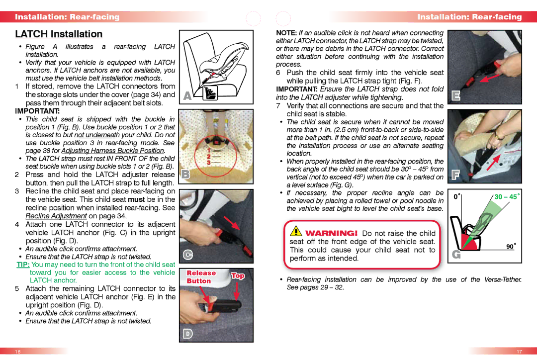 Britax 50 manual Latch Installation, Figure a illustrates a rear-facing Latch installation 