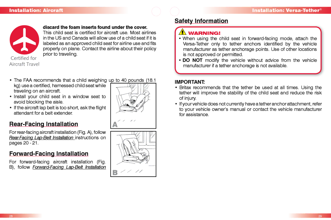 Britax 50 manual Rear-Facing Installation, Forward-Facing Installation, Safety Information 