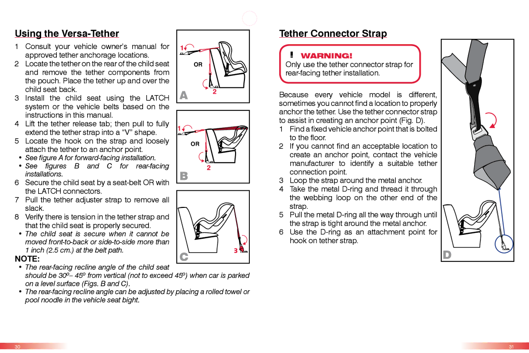 Britax 50 manual Using the Versa-Tether, Tether Connector Strap, Approved tether anchorage locations 