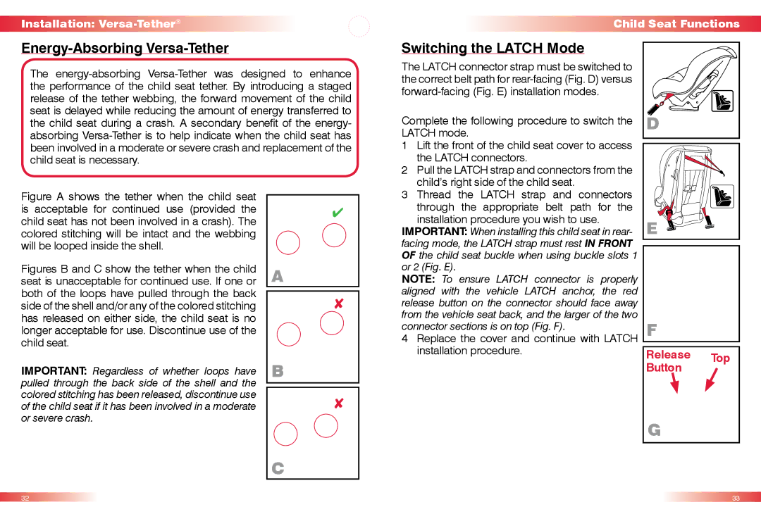 Britax 50 manual Energy-Absorbing Versa-Tether, Switching the Latch Mode, Has released on either side, the child seat is no 