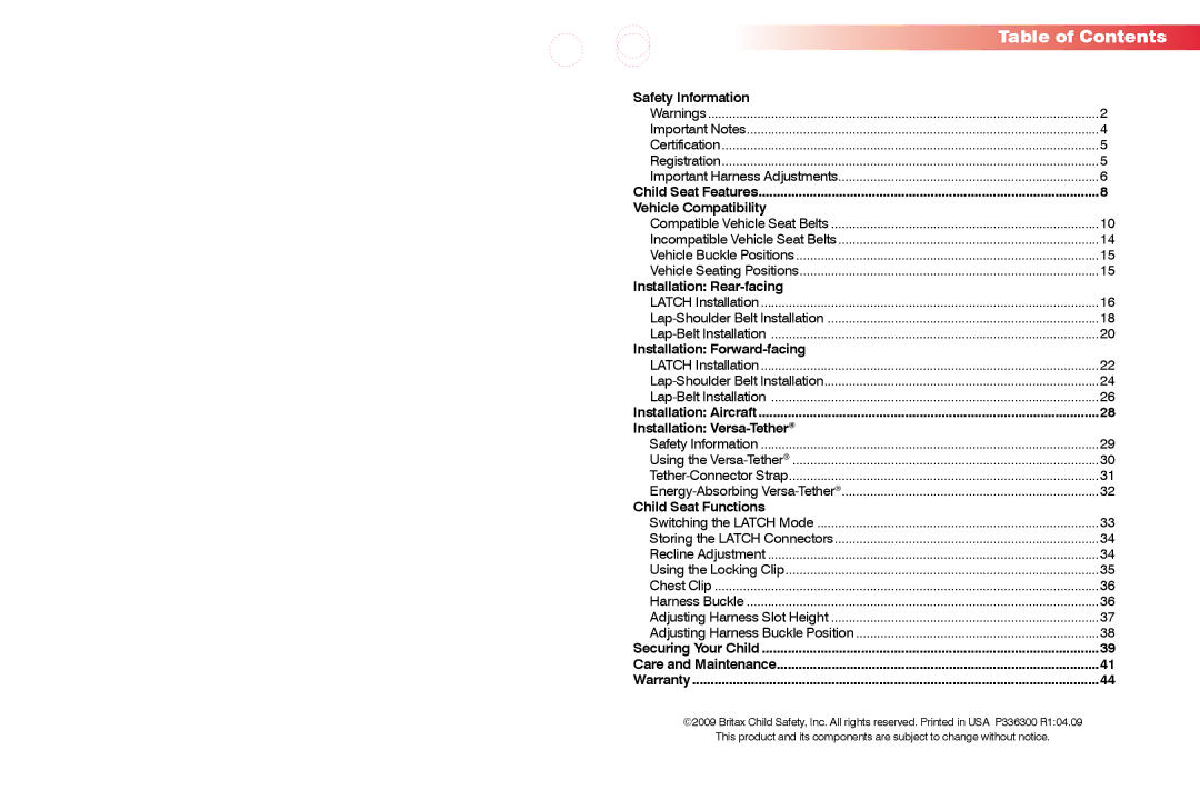 Britax 50 manual Table of Contents 