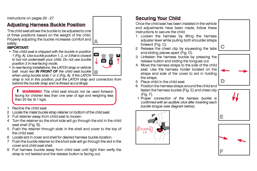 Britax 50 manual Adjusting Harness Buckle Position, Instructions on pages 26 