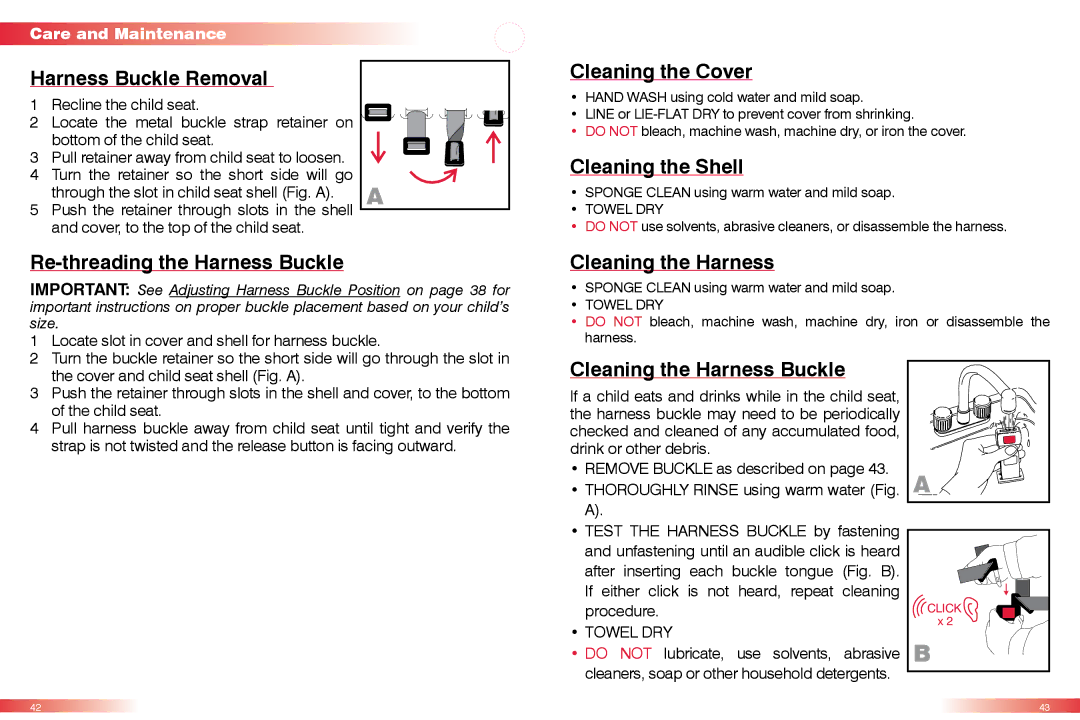 Britax 50 manual Harness Buckle Removal, Cleaning the Cover, Cleaning the Shell, Re-threading the Harness Buckle 