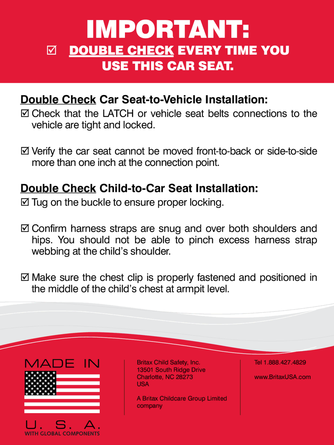 Britax 50 manual Double Check Every Time YOU USE this CAR Seat 