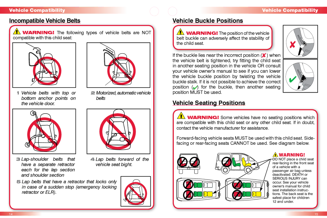 Britax 50 manual Incompatible Vehicle Belts, Vehicle Buckle Positions, Vehicle Seating Positions 