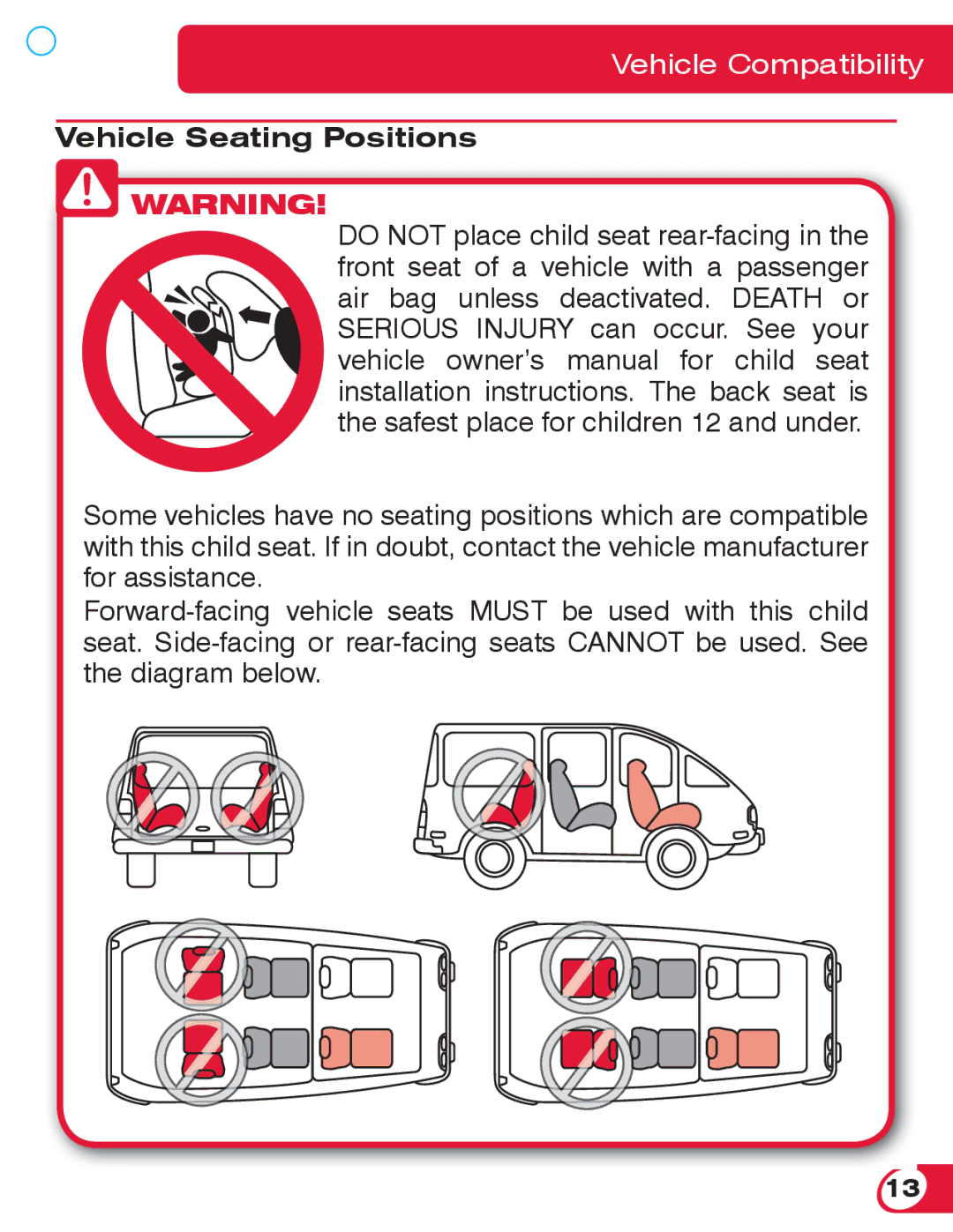 Britax 55 manual Vehicle Seating Positions 