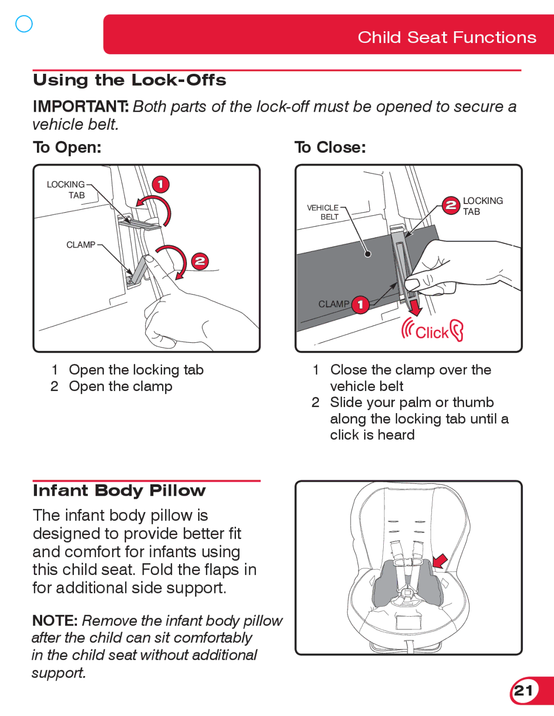 Britax 55 manual Using the Lock-Offs, To Open To Close, Infant Body Pillow 