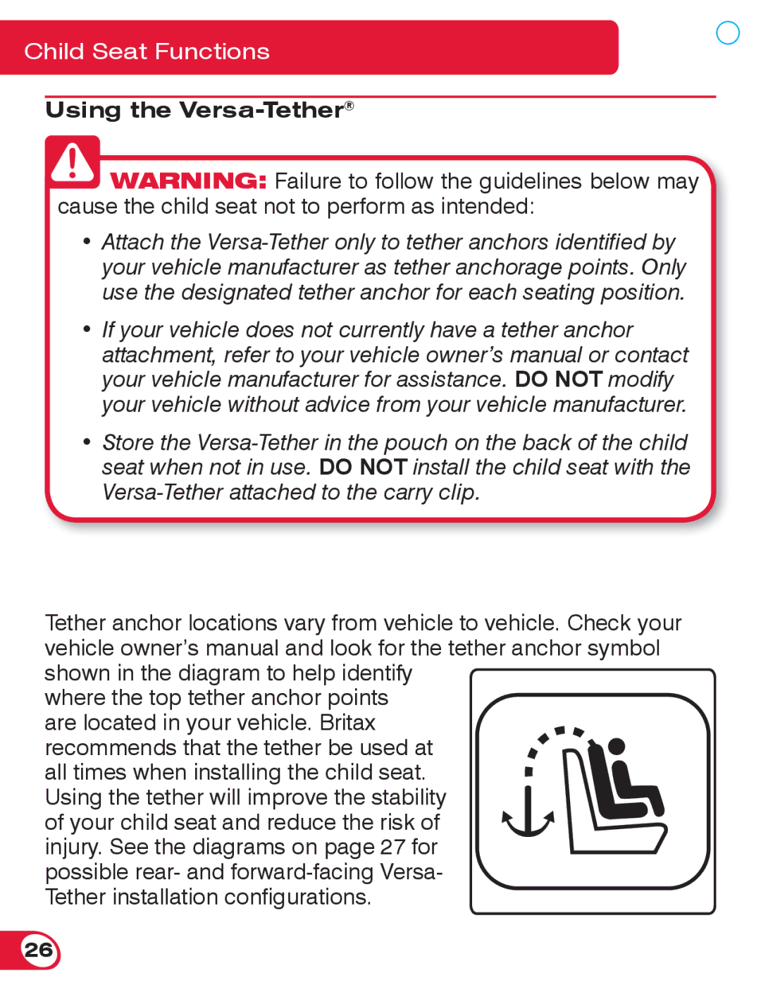 Britax 55 manual Using the Versa-Tether 