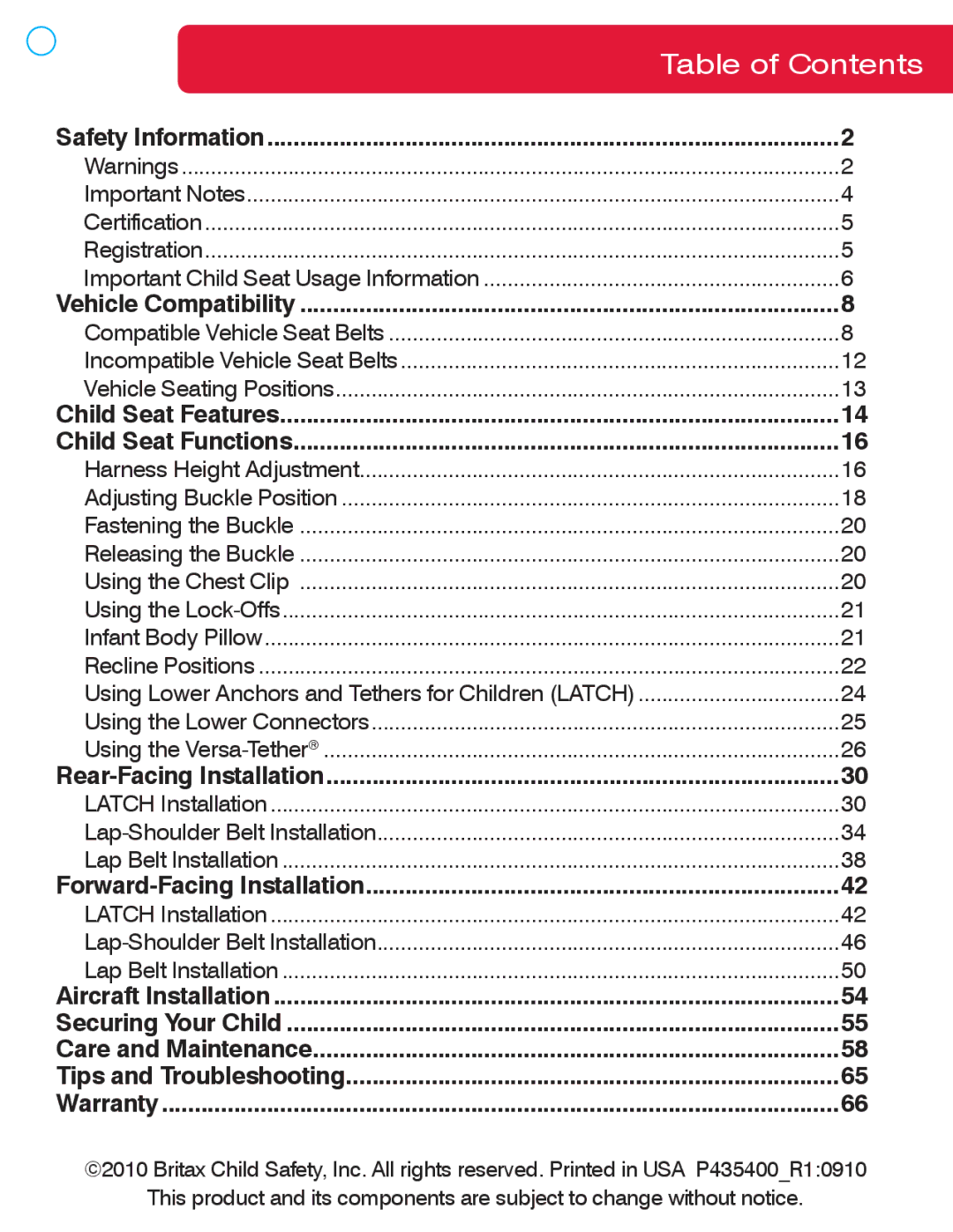 Britax 55 manual Table of Contents 