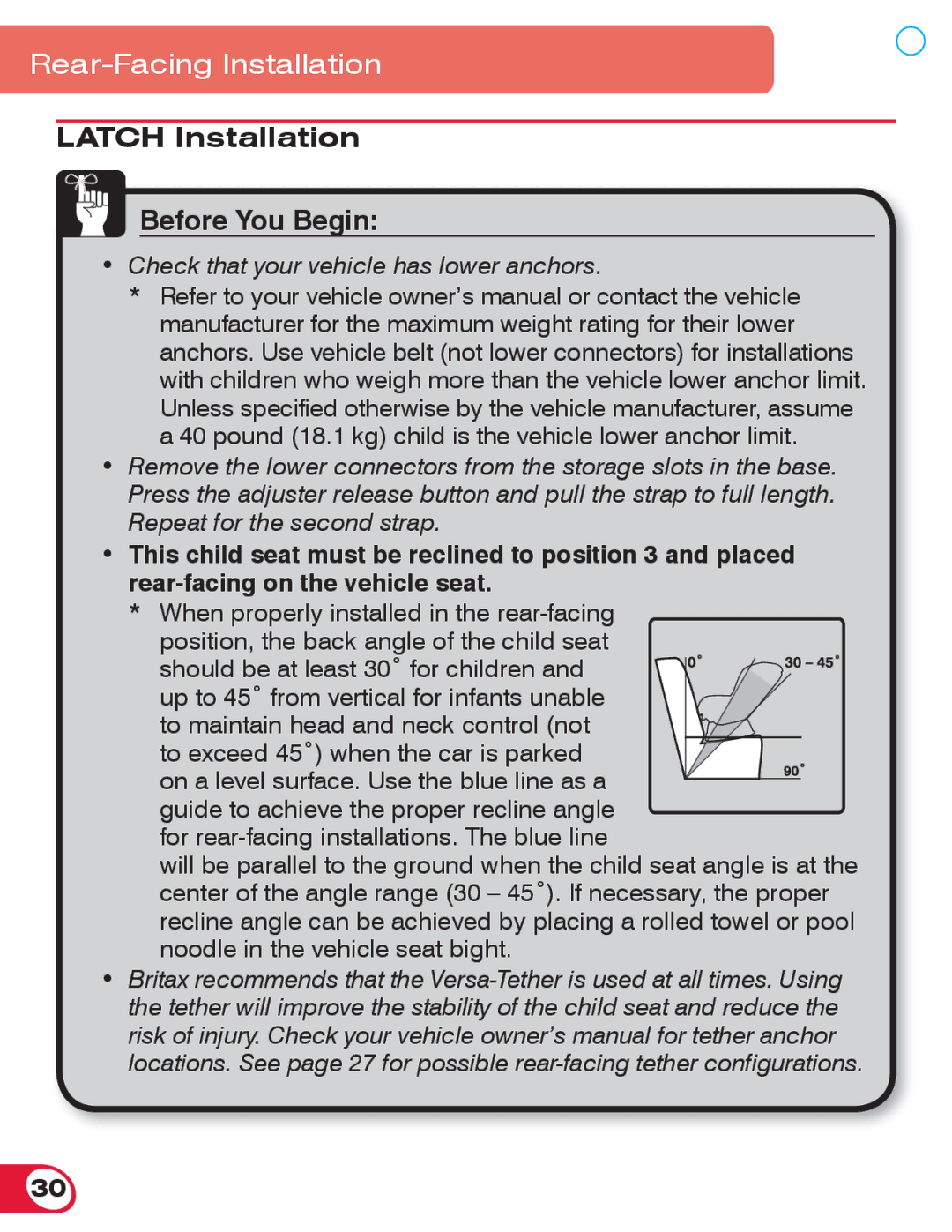 Britax 55 manual Latch Installation Before You Begin 