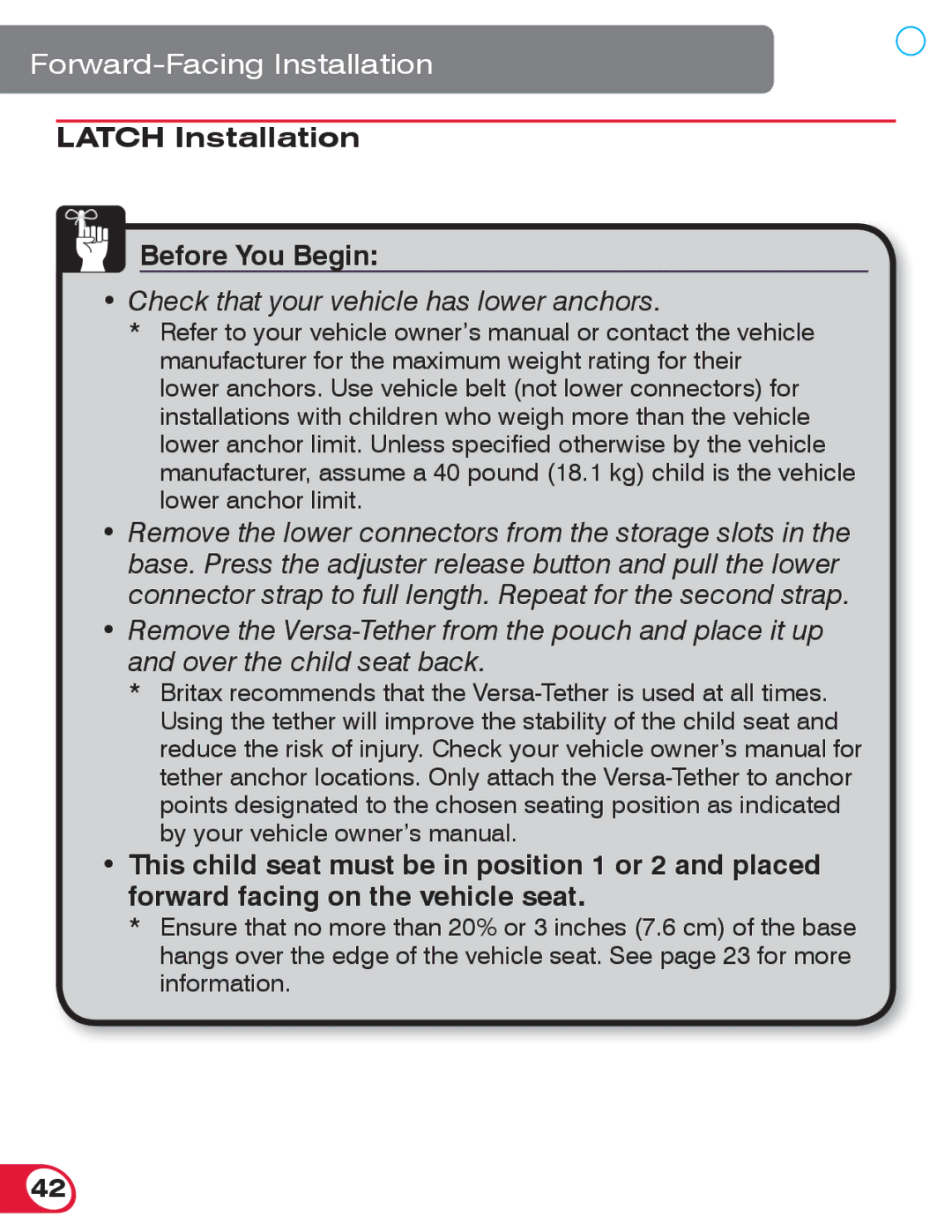 Britax 55 manual Check that your vehicle has lower anchors 