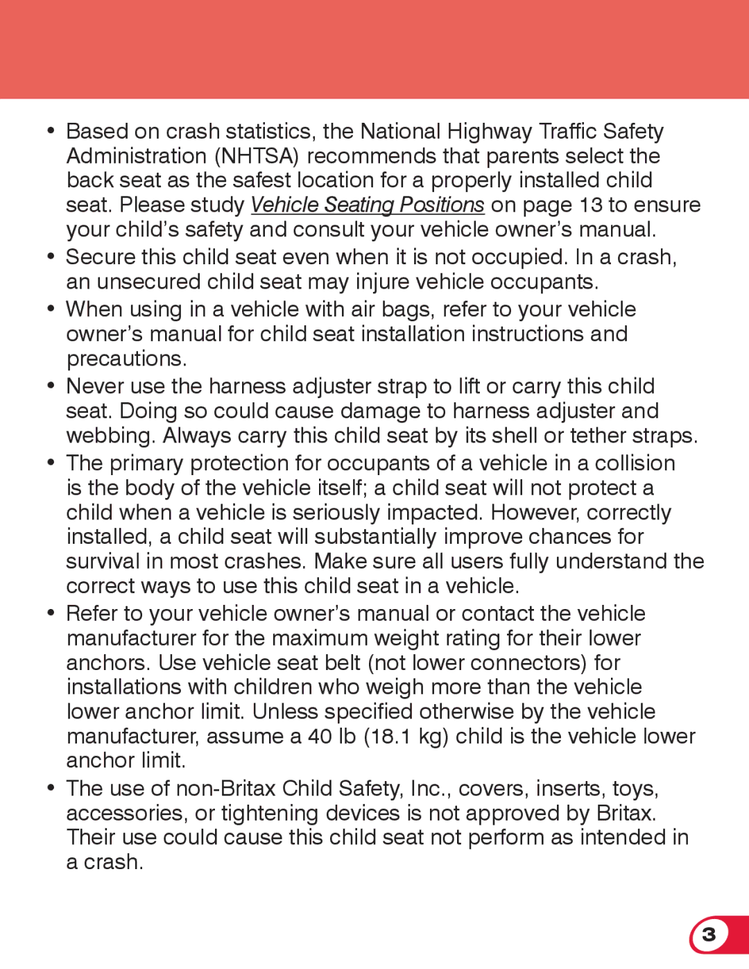 Britax 55 manual Section Title 