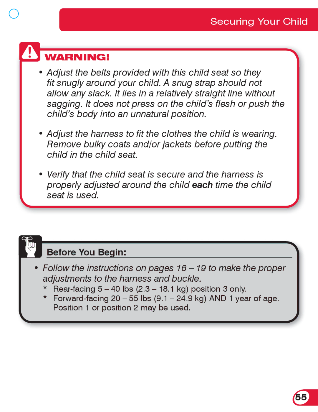 Britax 55 manual Securing Your Child 