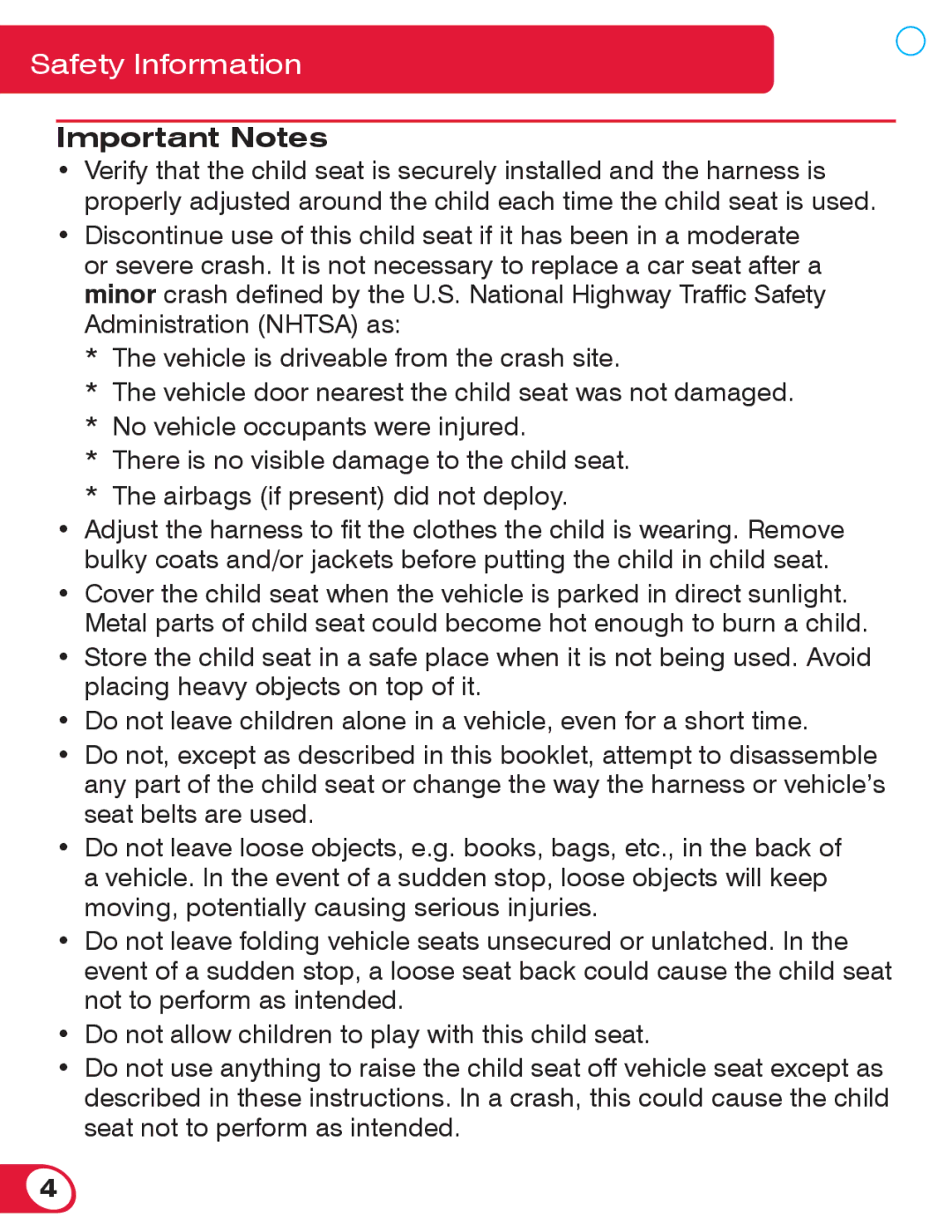 Britax 55 manual Important Notes 