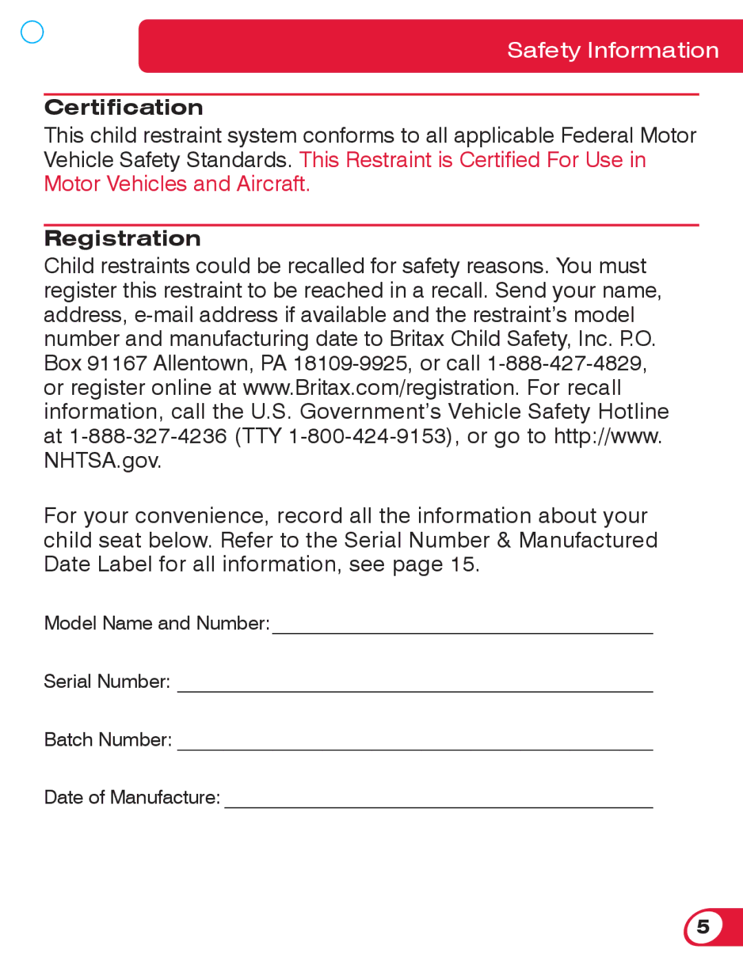 Britax 55 manual Certification, Registration 