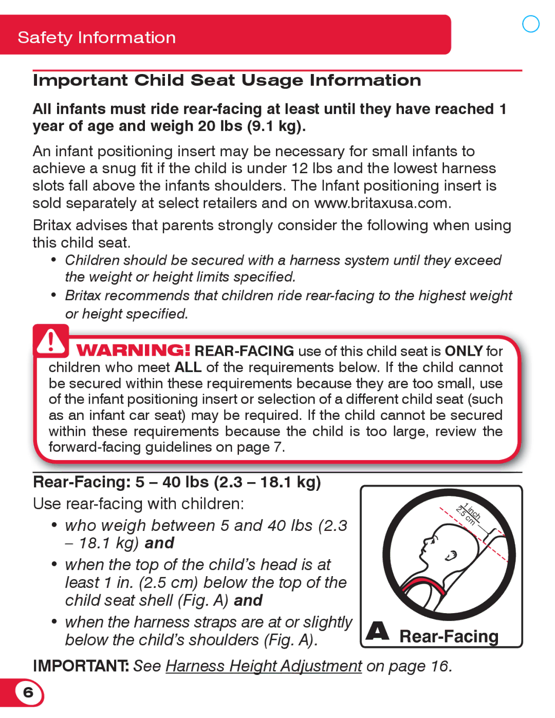 Britax 55 manual Important Child Seat Usage Information, Rear-Facing 5 40 lbs 2.3 18.1 kg 