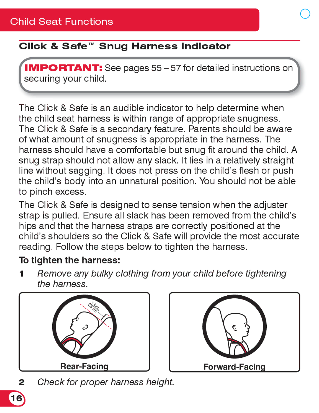 Britax 70 CS manual Click & Safe Snug Harness Indicator, To tighten the harness 