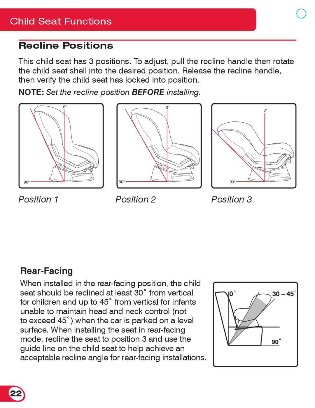 Britax 70 CS manual Recline Positions, Rear-Facing 