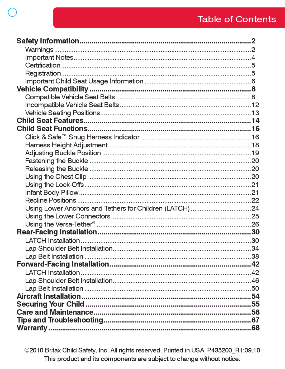 Britax 70 CS manual Table of Contents 