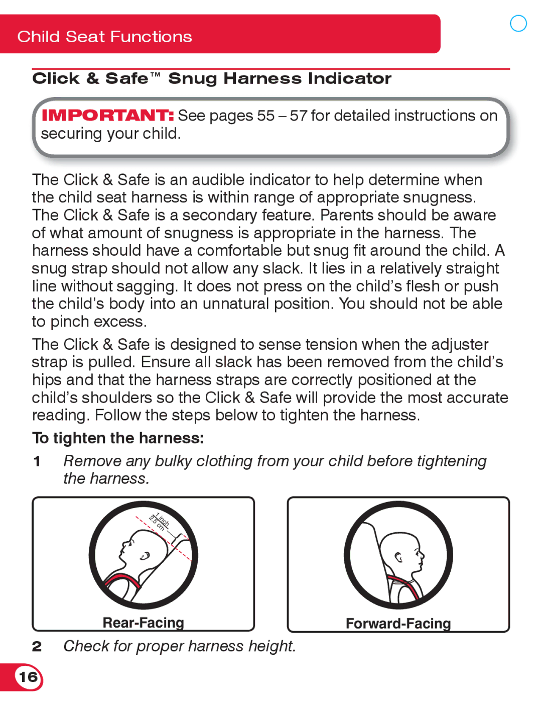 Britax 70 CS manual Click & Safe Snug Harness Indicator, To tighten the harness 