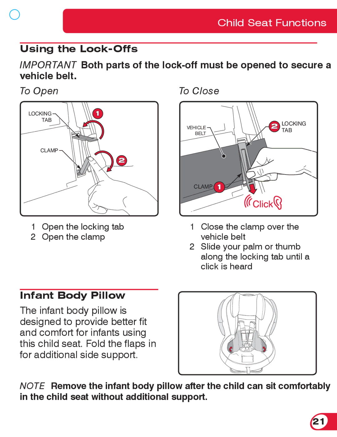 Britax 70 CS manual Using the Lock-Offs, To Open To Close, Infant Body Pillow 