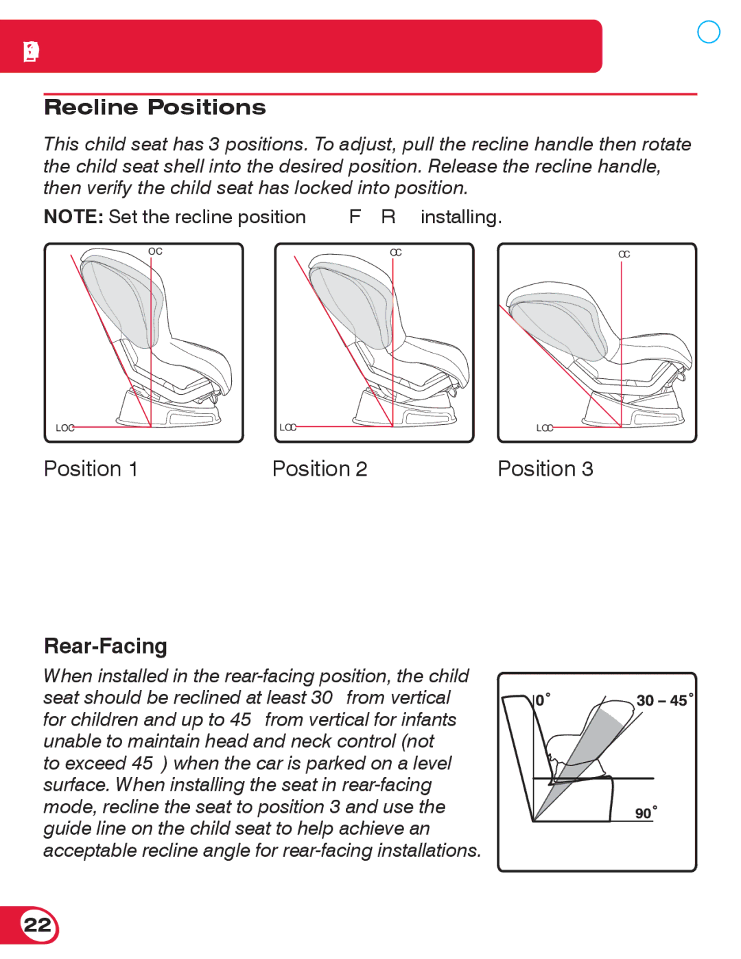 Britax 70 CS manual Recline Positions, Rear-Facing 