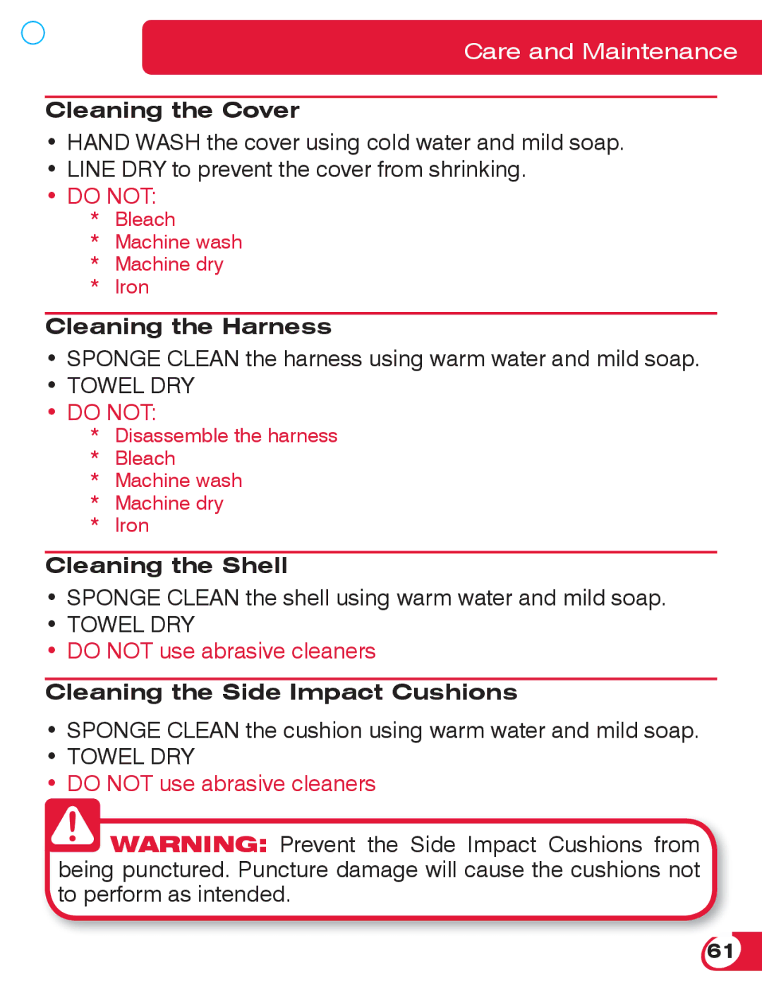 Britax 70 CS manual Cleaning the Cover, Cleaning the Harness, Cleaning the Shell, Cleaning the Side Impact Cushions 