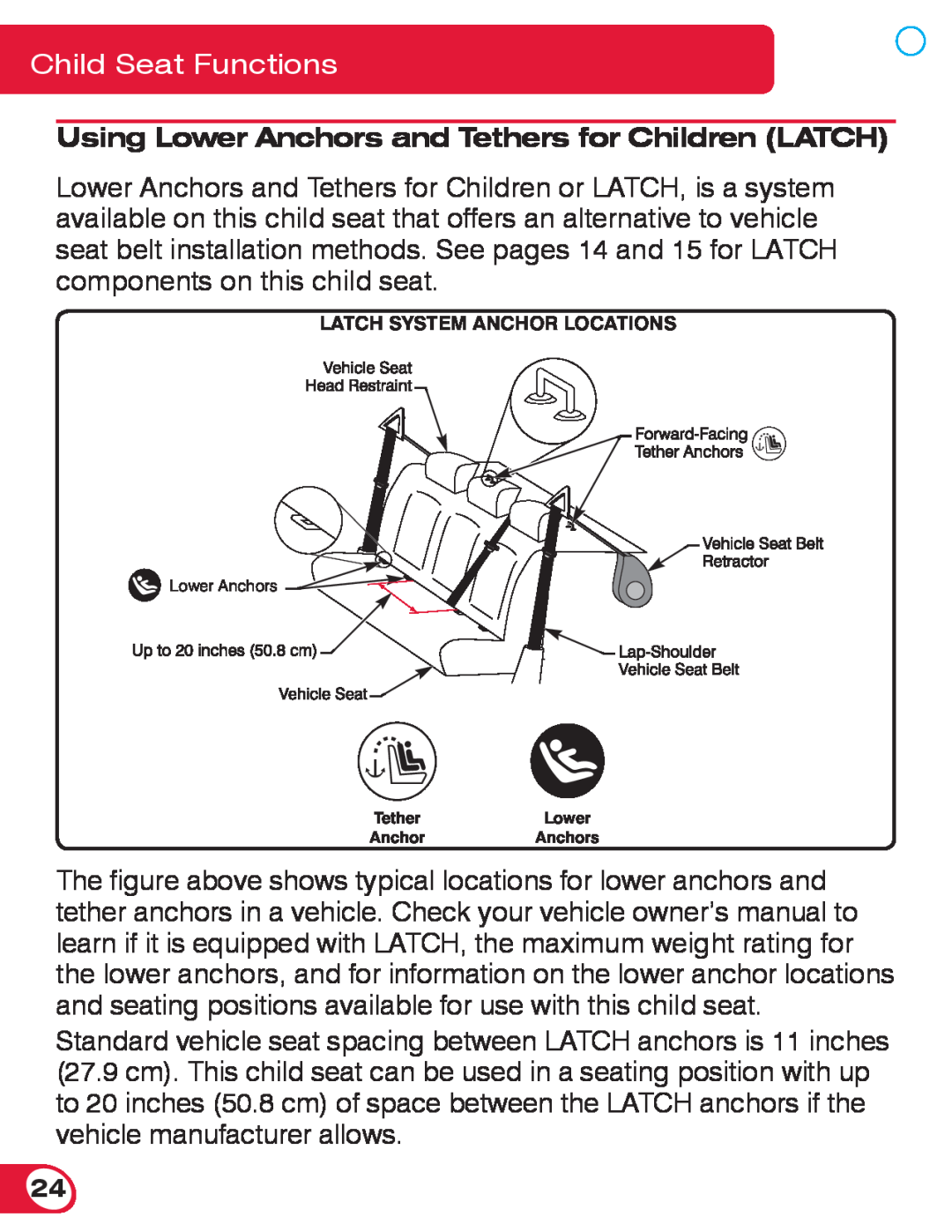 Britax 70 CS manual Using Lower Anchors and Tethers for Children LATCH, Child Seat Functions, Latch System Anchor Locations 