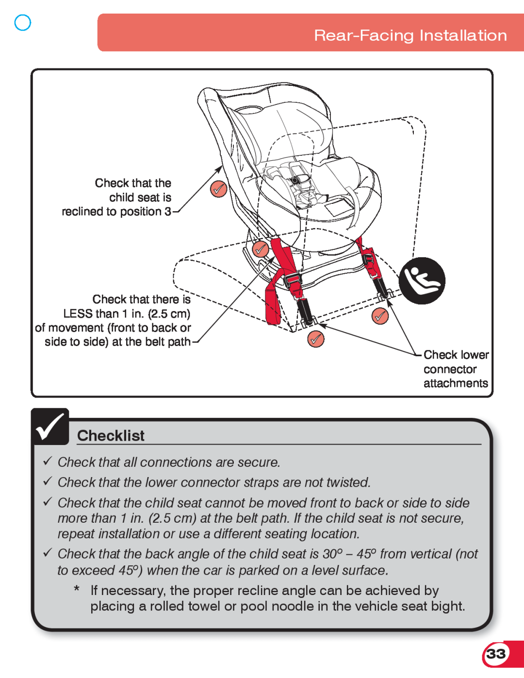 Britax 70 CS manual Rear-Facing Installation, Checklist, Check that all connections are secure 