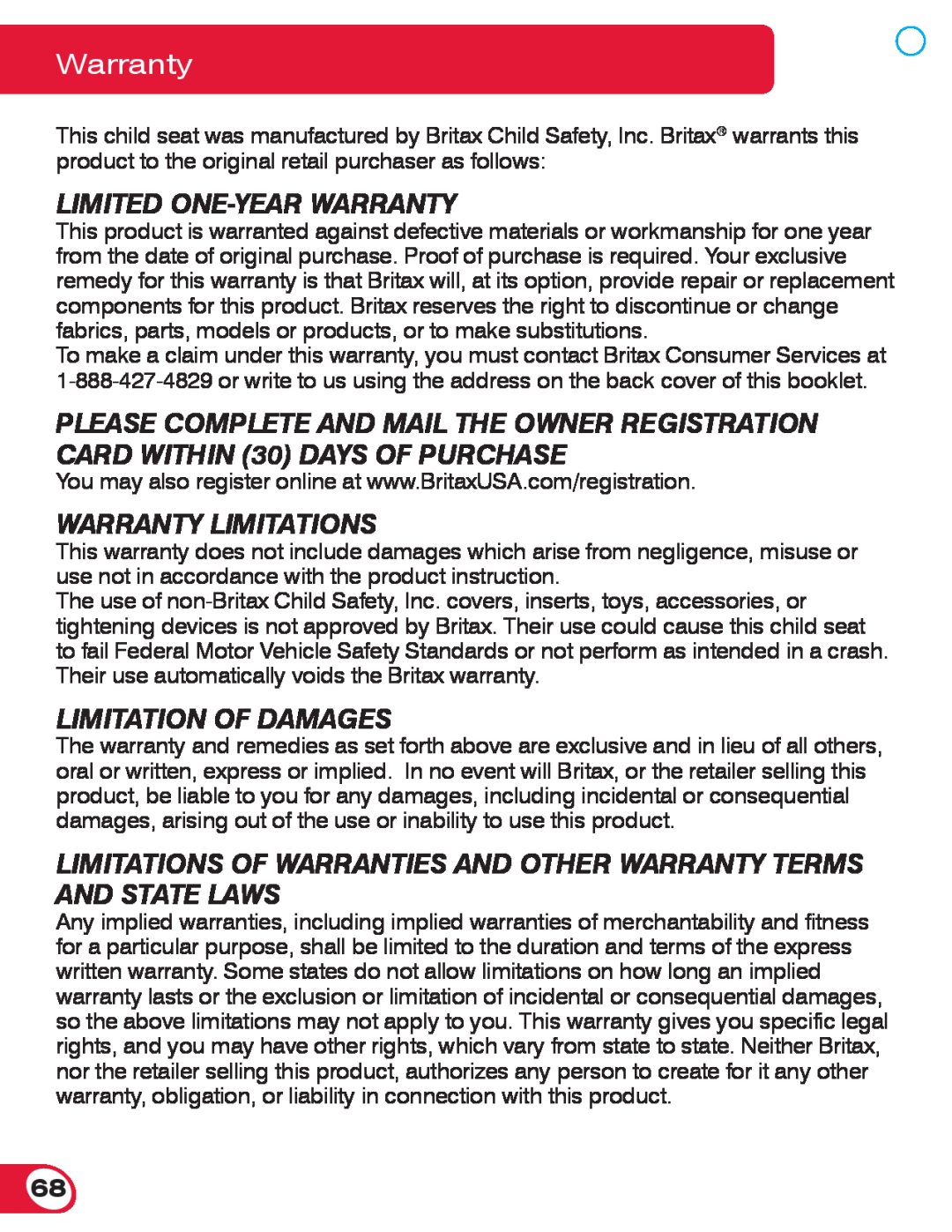 Britax 70 CS manual Limited One-Year Warranty, Warranty Limitations, Limitation Of Damages 