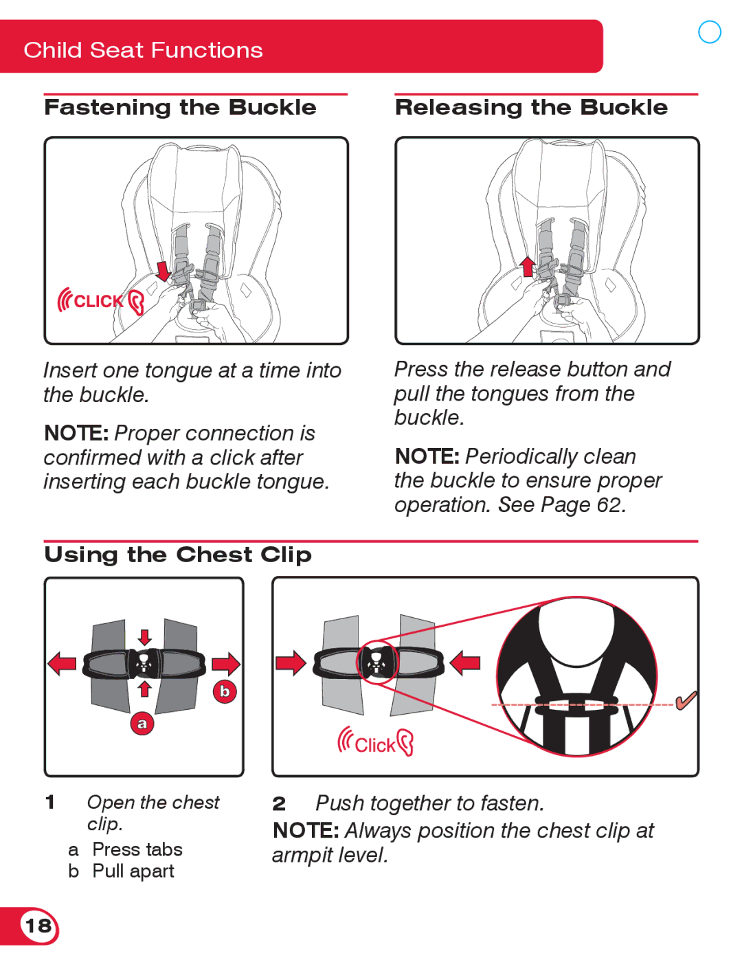 Britax 70 manual Fastening the Buckle Releasing the Buckle, Using the Chest Clip 