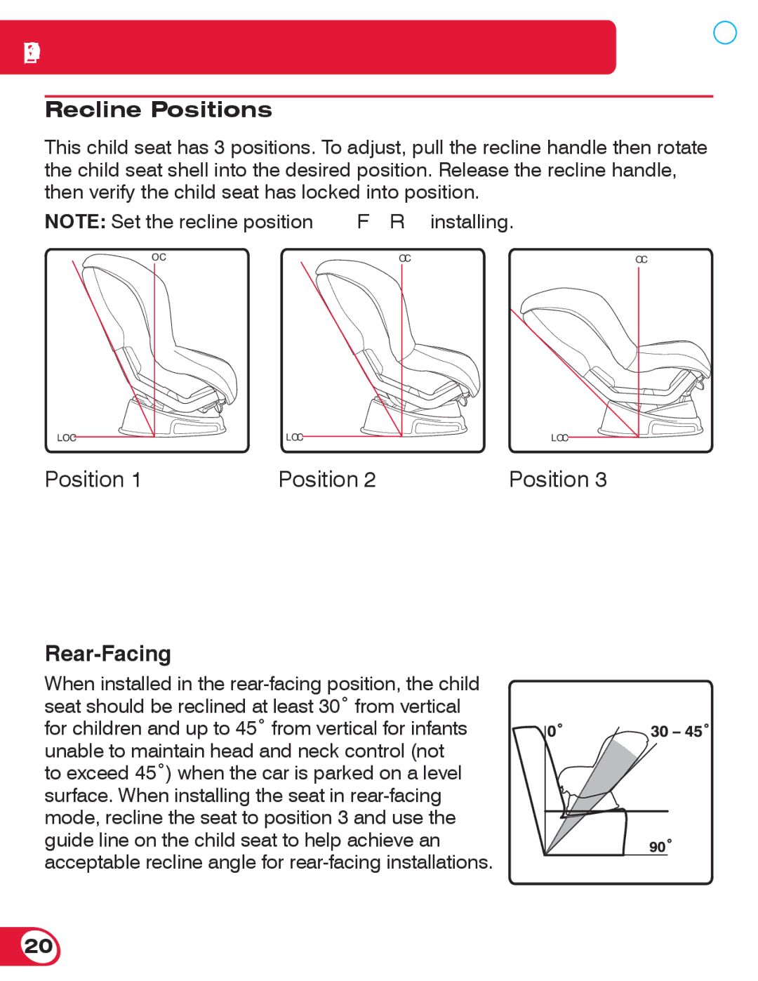 Britax 70 manual Recline Positions, Rear-Facing 