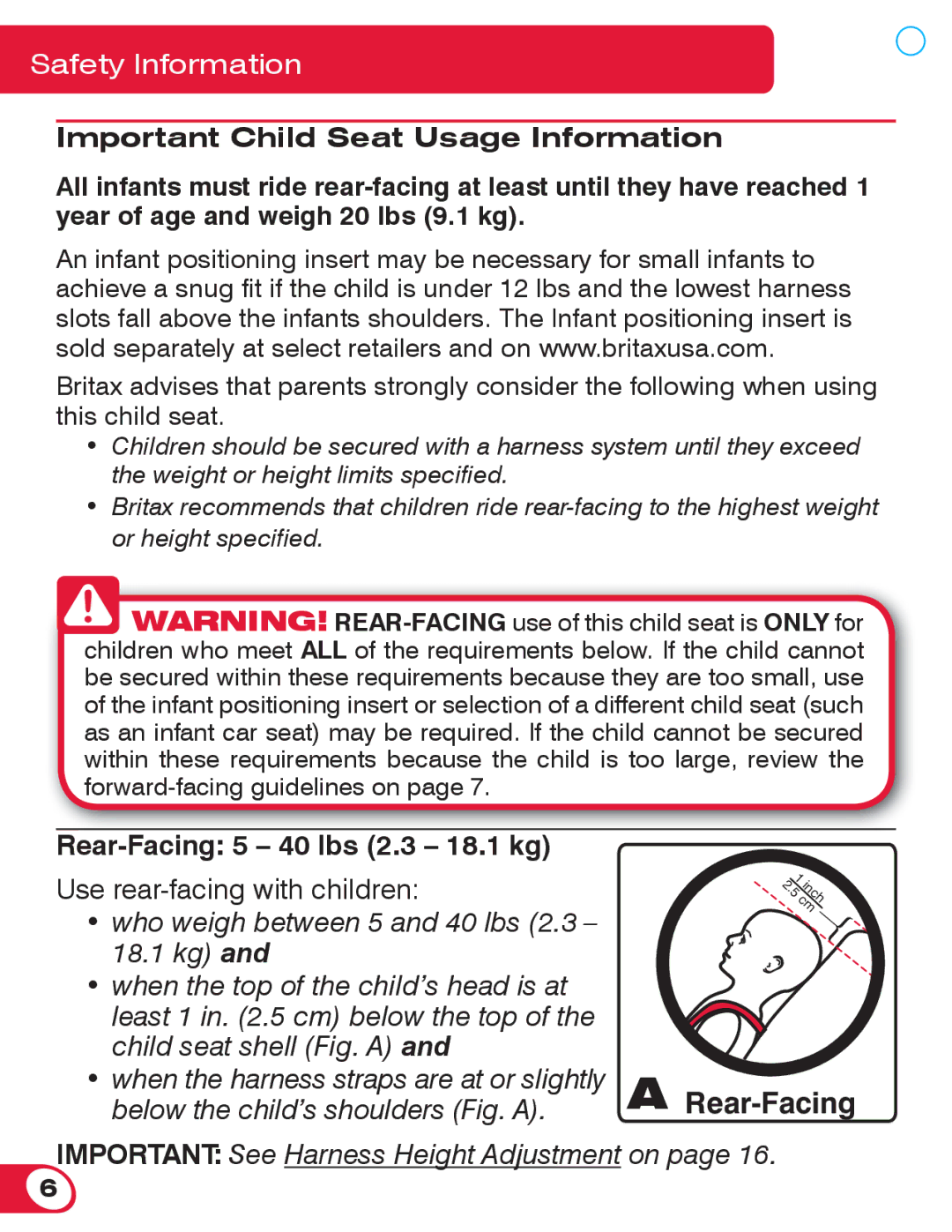 Britax 70 manual Important Child Seat Usage Information, Rear-Facing 5 40 lbs 2.3 18.1 kg 