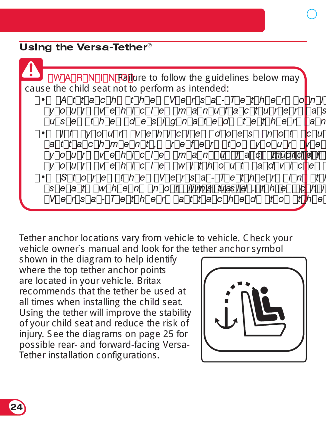 Britax 70 manual Using the Versa-Tether 