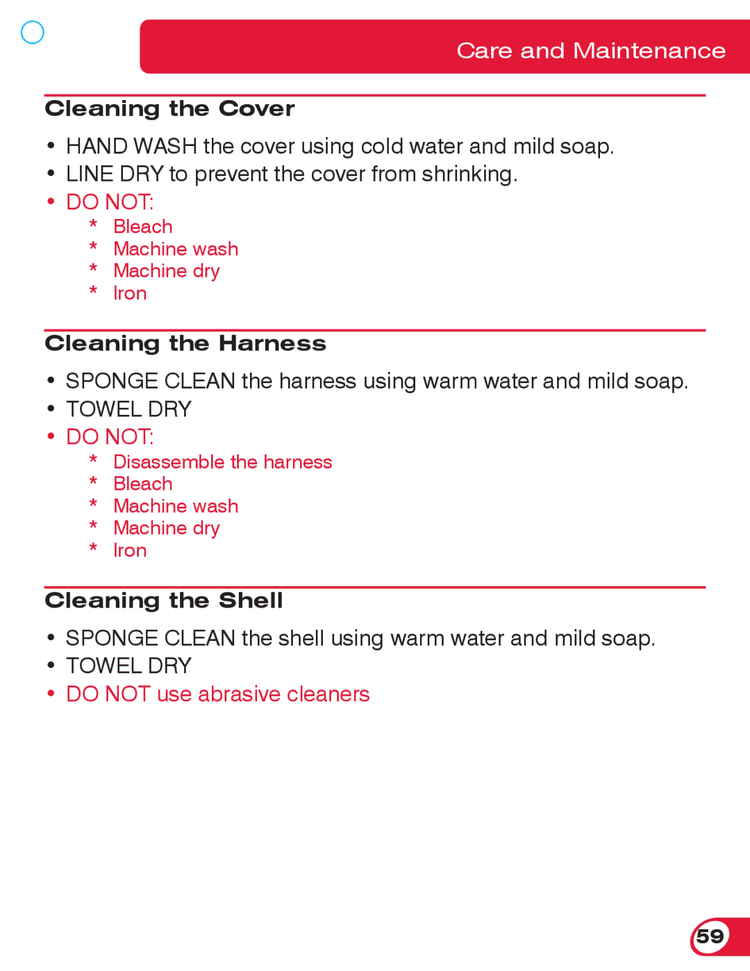 Britax 70 manual Cleaning the Cover, Cleaning the Harness, Cleaning the Shell 