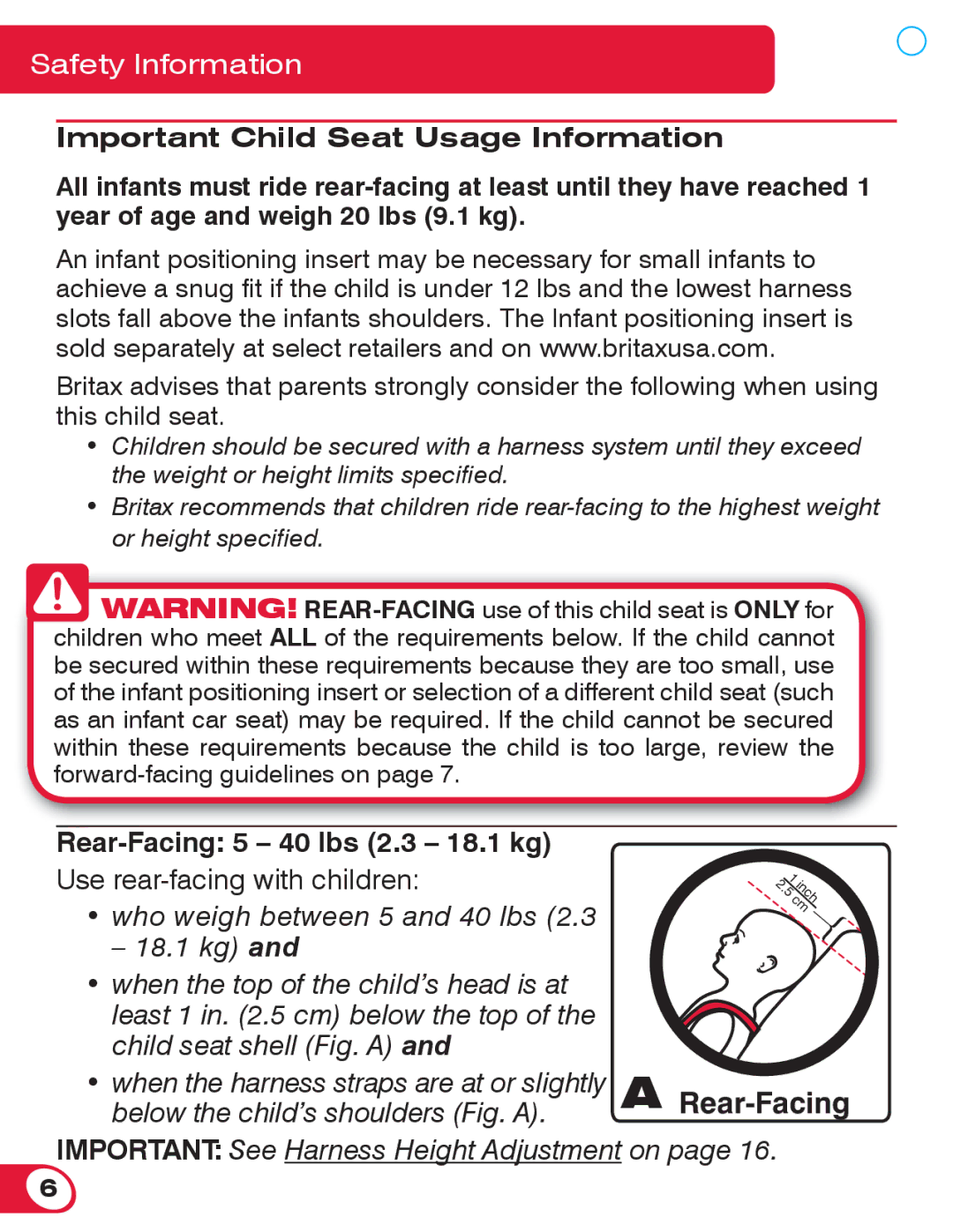 Britax 70 manual Important Child Seat Usage Information, Rear-Facing 5 40 lbs 2.3 18.1 kg 